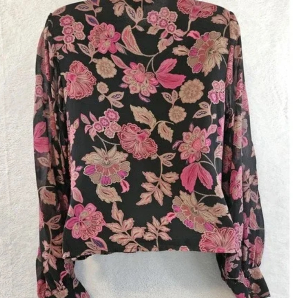 NWT Sanctuary Women’s Smocked Black & Pink Floral Blouse Top Feminine‎ - Picture 5 of 7